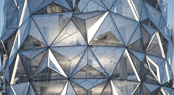 Fototapeta Geometric Glass Facade with Reflective Triangular Panels in Contemporary Architecture