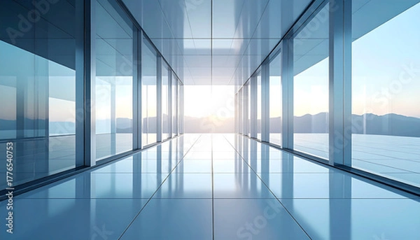 Fototapeta Modern Glass Architecture with Reflective Corridor and Sunset Sky View