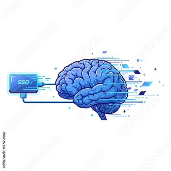Fototapeta Human brain uploading skill data from external drive, digital learning, futuristic technology, artificial intelligence concept