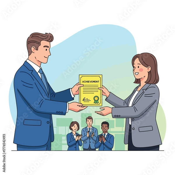 Fototapeta Employee recognition illustration a man handing a certificate of achievement to a woman with colleagues applauding in the background