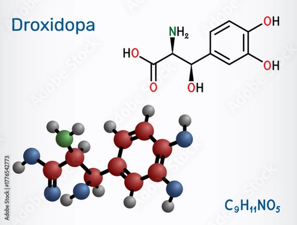 Fototapeta Droxidopa, L-DOPS molecule. For treating neurogenic orthostatic hypotension, Parkinson’s disease. Skeletal chemical formula. Vector illustration