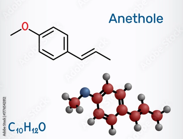 Fototapeta Anethole molecule (E-anethole). Flavor compound from anise and fennel, sweet aroma for flavor and fragrance. Structural chemical formula, molecule model. Vector illustration