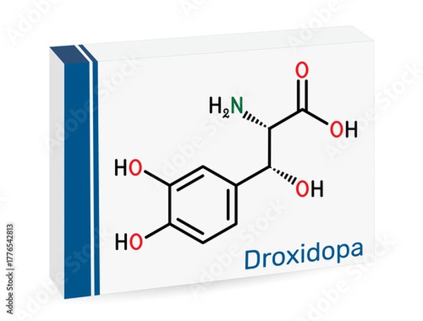 Fototapeta Droxidopa, L-DOPS molecule. For treating neurogenic orthostatic hypotension, Parkinson’s disease. Skeletal chemical formula. Paper packaging for drugs. Vector illustration