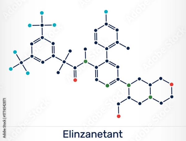 Fototapeta Elinzanetant molecule. Neurokinin 1 and 3 receptor antagonist for treatment of vasomotor menopausal symptoms. Vector illustration