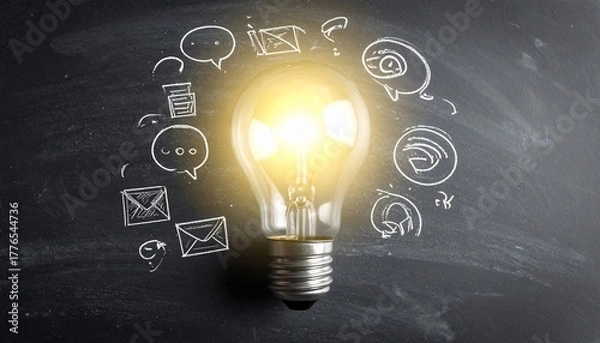Fototapeta Conceptual image of a bright light bulb with drawn communication icons on blackboard