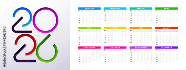 Fototapeta 2026 Printable Calendar Design Template with Cut Out Colorful Number Symbol and Whole Annual Monthly Typography on White Background for New Year. Horizontal Schedule Planner Illustration for Wall