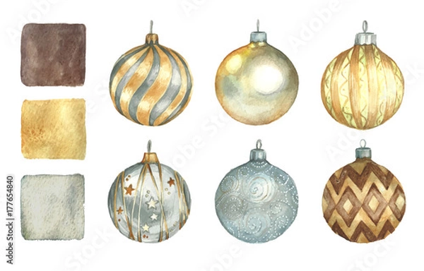 Obraz Christmas decorations set for a Christmas tree. Decoration for the holiday in watercolor.