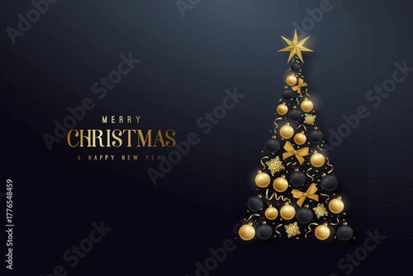 Fototapeta Elegant Christmas tree featuring gold and black ornaments with festive star. Greeting Xmas card. 