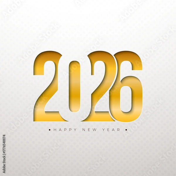 Fototapeta Happy New Year 2026 Logo Typography Design with Gold Cutting Number on White Background. Christmas Holiday Greeting Card Illustration with Text Label for Calendar, Flyer, Banner, Celebration Poster