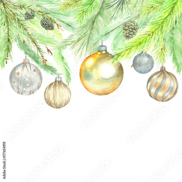 Obraz Christmas decorations set on a Christmas tree. Glass balls on spruce branches