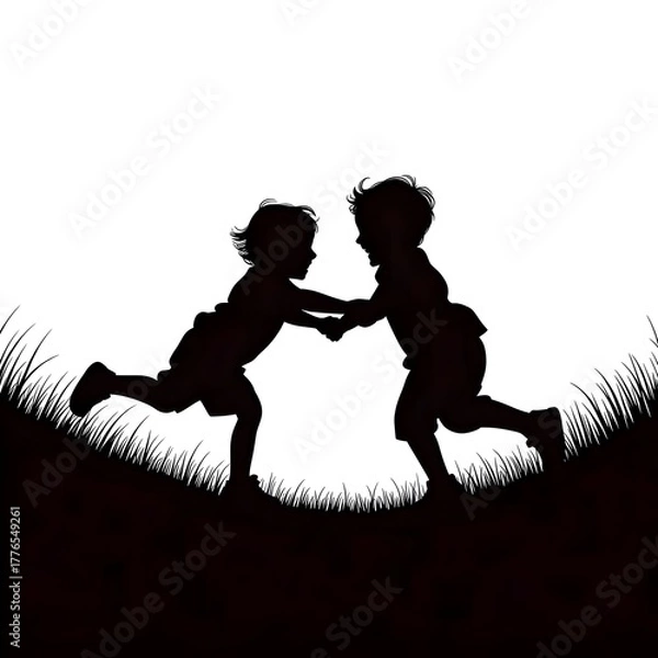 Fototapeta Joyful children holding hands, running through a grassy field, celebrating childhood innocence and pure friendship outdoors