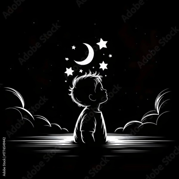 Fototapeta Young child gazes up at a starry night sky filled with wonder and dreams, a beautiful depiction of childhood imagination.