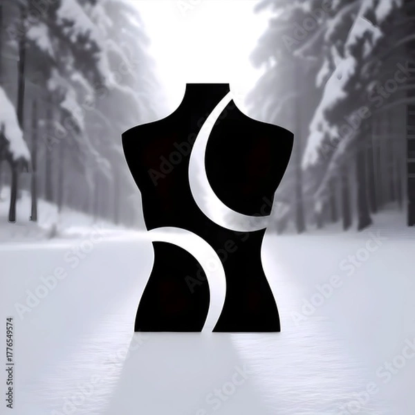 Obraz Striking abstract silhouette of a human torso with crescent moon motifs against a serene winter forest backdrop, evoking mystery and elegance.