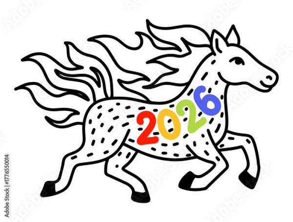 Fototapeta A running fiery horse is a symbol of the coming New Year 2026 drawn in doodle style.