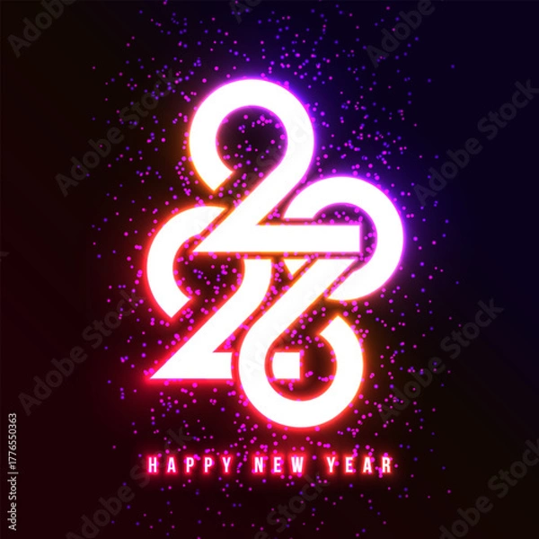 Fototapeta Happy New Year 2026 Greeting Card Design with Glowing Neon Light Number on Dark Sparkle Background. Vector Christmas Holiday Season Illustration with Typography Lettering for Calendar, Celebration