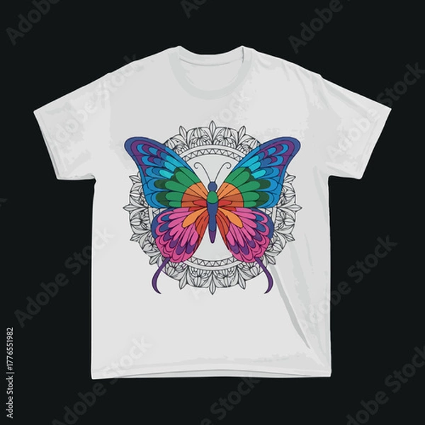 Fototapeta Colorful butterfly mandala arts isolated on black and white t shirt