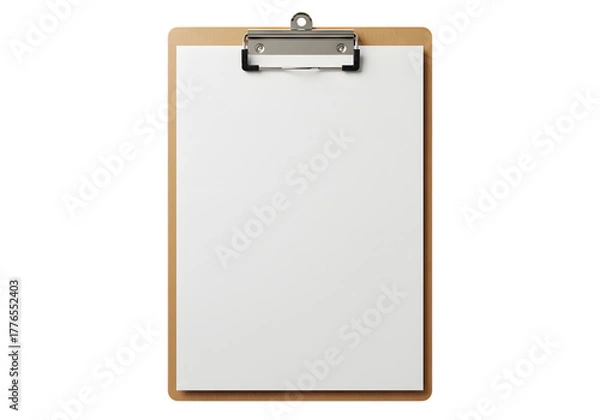 Fototapeta Wooden clipboard with a blank white sheet of paper attached, isolated on a white background for notes and lists