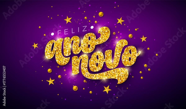 Fototapeta Happy New Year Banner with Gold Glitter Typography Lettering on Shiny Christmas Ornament Background. Feliz Ano Novo Portuguese Language Vector Christmas Holiday Illustration for Greeting Card