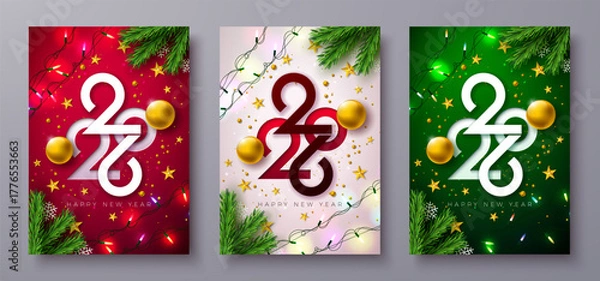 Fototapeta 2026 Happy New Year Greeting Card Clipart Set Design with Cut Out Typography Number, Golden Christmas Ball and Light Garland on Red, White and Green Background. Holiday Illustration with Christmas