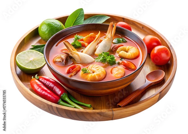 Fototapeta On a blue plate and in a wooden bowl over a white and transparent background Spicy Thai Seafood Tom Yum Soup, with a small side of tomato sauce transparent background