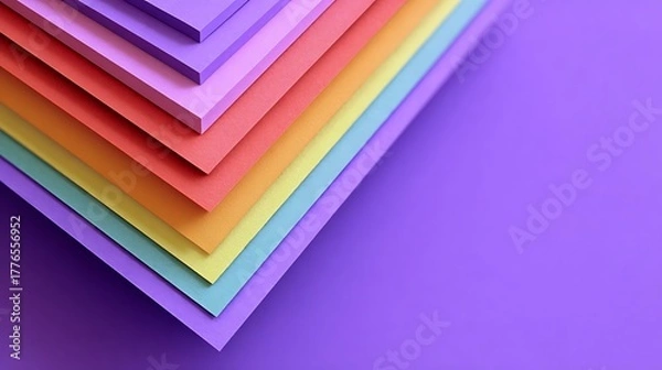 Fototapeta Vibrant layered paper stack creating a rainbow gradient design on a contrasting purple backdrop
