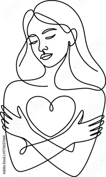 Obraz Woman hugging herself with heart outline self love