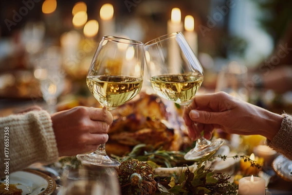 Obraz Elegant holiday toast with white wine glasses in warm candlelight, roasted turkey softly blurred in background. Cozy Thanksgiving celebration full of warmth and gratitude.