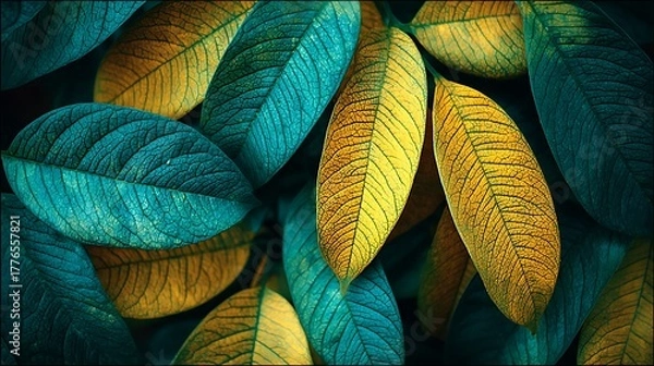 Fototapeta Vibrant teal and golden leaves with intricate veins creating a stunning natural pattern