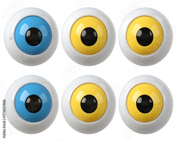 Fototapeta Six toy eyeballs with blue and yellow irises isolated on transparent background