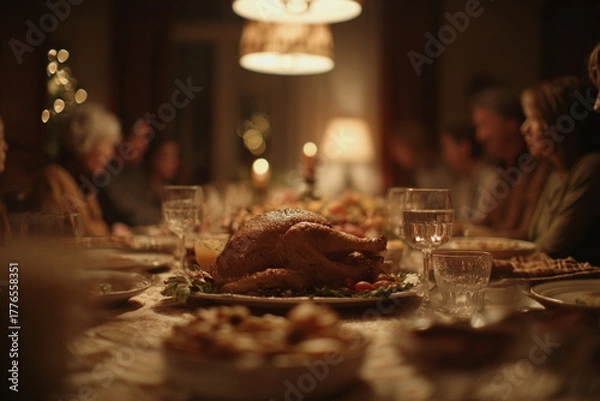Fototapeta Candle-lit Thanksgiving dinner gathered around a glowing table, turkey at the center and warm conversation filling the room with seasonal joy and gratitude.