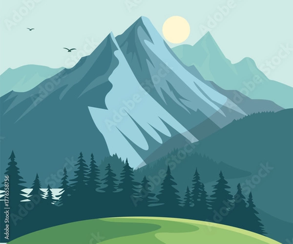 Fototapeta Mountain landscape with trees vector illustration