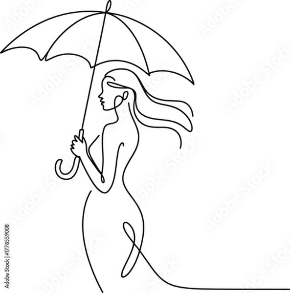 Obraz Woman with umbrella in continuous line art style rain