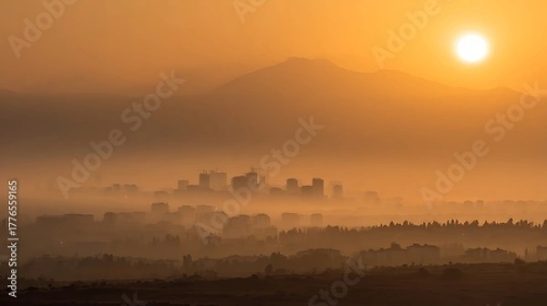 Fototapeta Hazy morning cityscape with distant mountains and glowing sun, urban development site
