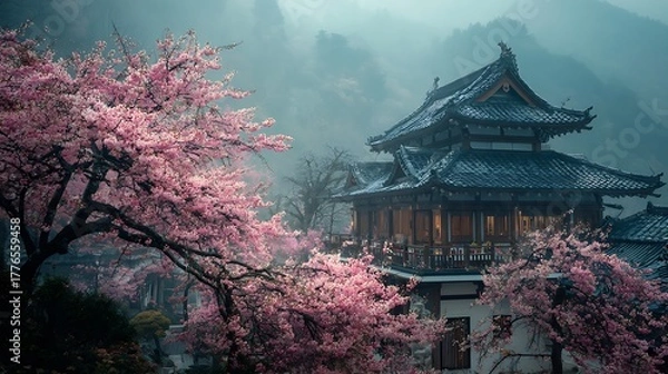 Fototapeta Traditional asian temple with vibrant pink cherry blossoms in misty mountain landscape