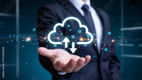 Fototapeta Professional businessman holds cloud icon for data storage solutions and modern technology advancements today
