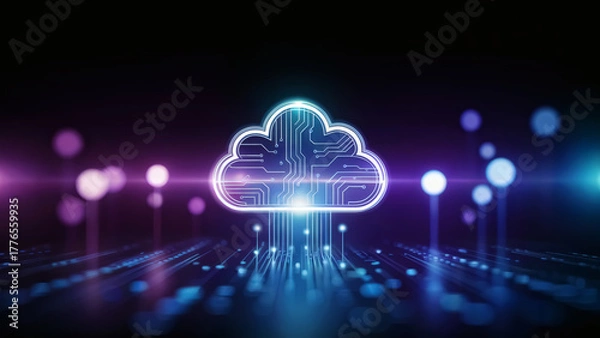 Obraz Dynamic cloud computing solution offering seamless data transfer and storage in a modern vibrant digital space