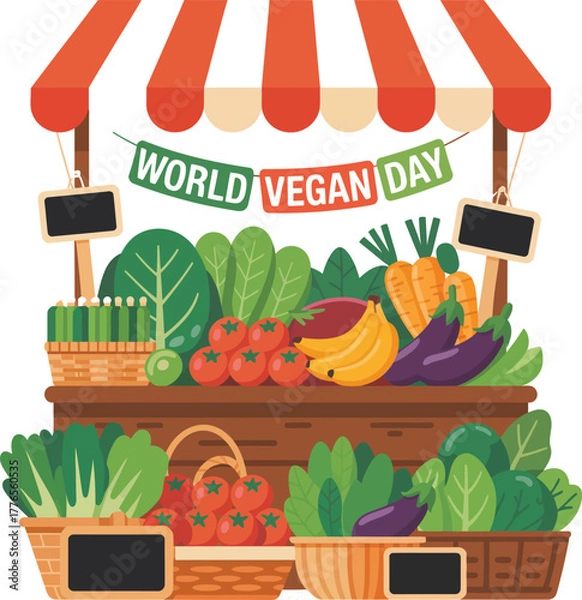 Obraz World Vegan Day Market Stall with Fresh Produce vector