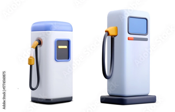 Fototapeta Vector illustration of two modern electric vehicle charging stations with cables and plugs in blue and white 3D style isolated on white background representing eco transport and renewable energy