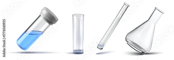 Fototapeta Vector illustration set of laboratory glassware featuring a capped vial with blue liquid, graduated cylinder, marked test tube and Erlenmeyer flask, isolated on white for science and chemistry design