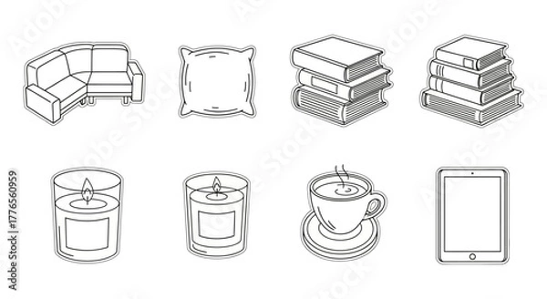 Fototapeta Cozy home illustrations couch pillow books candles coffee cup and tablet representing relaxation comfort and digital lifestyle perfect for blog header.