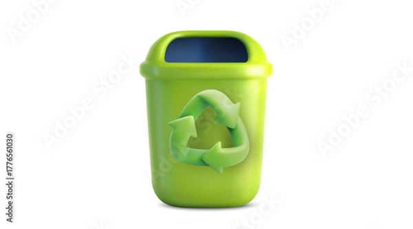 Fototapeta 3D vector of a green recycling bin trashcan with recycle symbol isolated on white for eco waste management