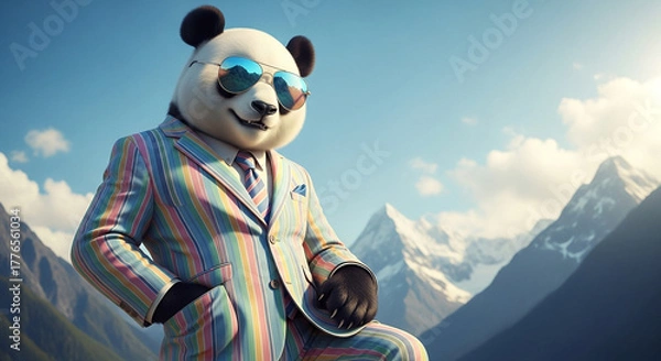 Fototapeta Stylish panda in a suit and sunglasses standing in snowy mountains