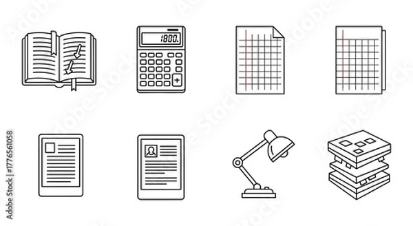 Fototapeta Education and learning material illustration open book calculator documents lamp and stack of papers depicting study and academic resources