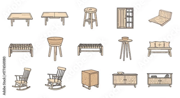 Fototapeta Furniture icons set diverse designs for interior decor concepts providing inspiration for home design and representing various styles perfect for design blogs.