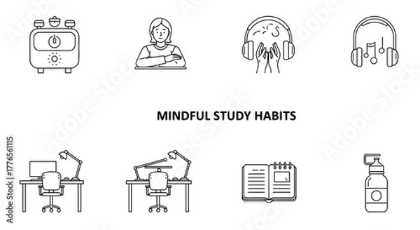 Fototapeta Mindful study habits woman studying desk setup listening to music prioritizing self-care creating productive study routines and staying healthy.