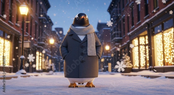 Obraz Penguin dressed for winter standing on snowy street at night