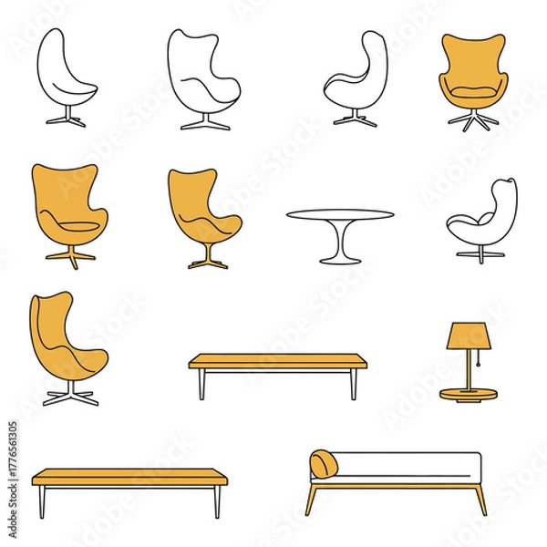 Fototapeta mid-century modern furniture collection chairs tables and seating elements in a clean minimalist style for interior design projects