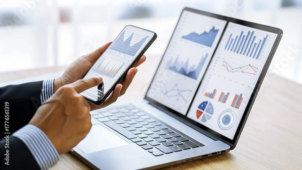 Fototapeta Close up of a businessman analyzing financial data on a laptop and smartphone, showcasing business intelligence and analytics
