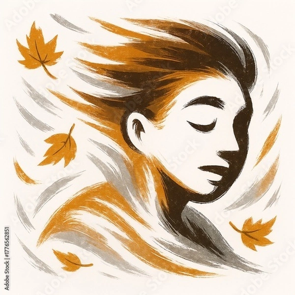 Fototapeta Autumn wind blowing leaves and serene face brushstroke style