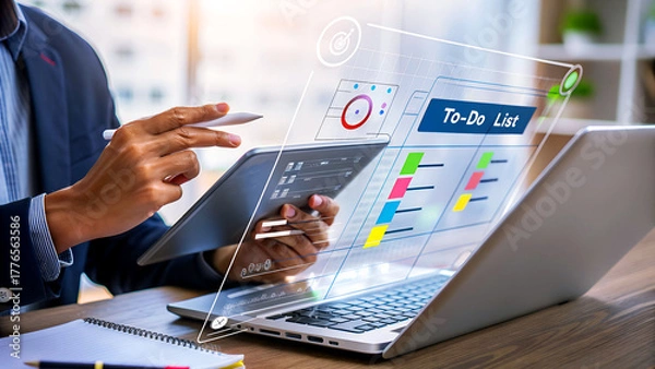 Fototapeta Businessman using tablet and laptop with virtual interface of todo list on screen, concept of business, technology, and planning